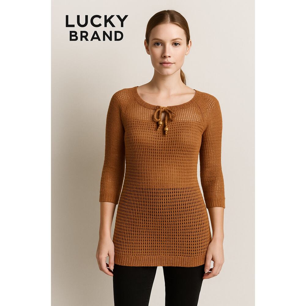 Lucky Brand Boho Crochet Sweater Brown Tie Neck Open Knit Semi Sheer Top Small